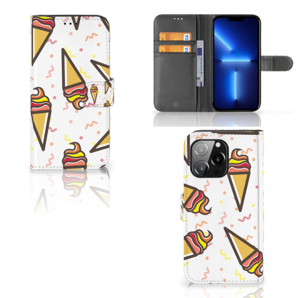 iPhone 13 Pro Book Cover Icecream met kleurrijke ijsjesprint en praktische opbergvakjes, perfect voor de zomer 🍦.