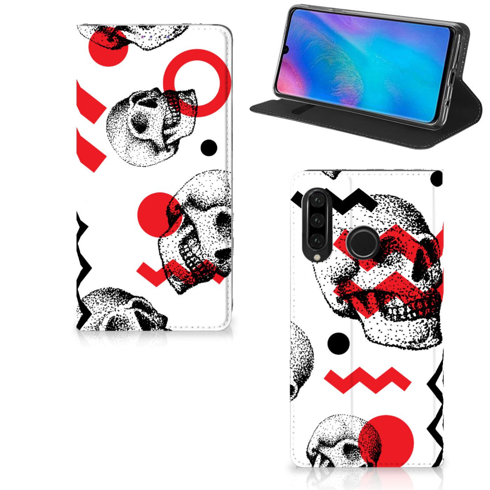 Mobiel BookCase Huawei P30 Lite New Edition Skull Red