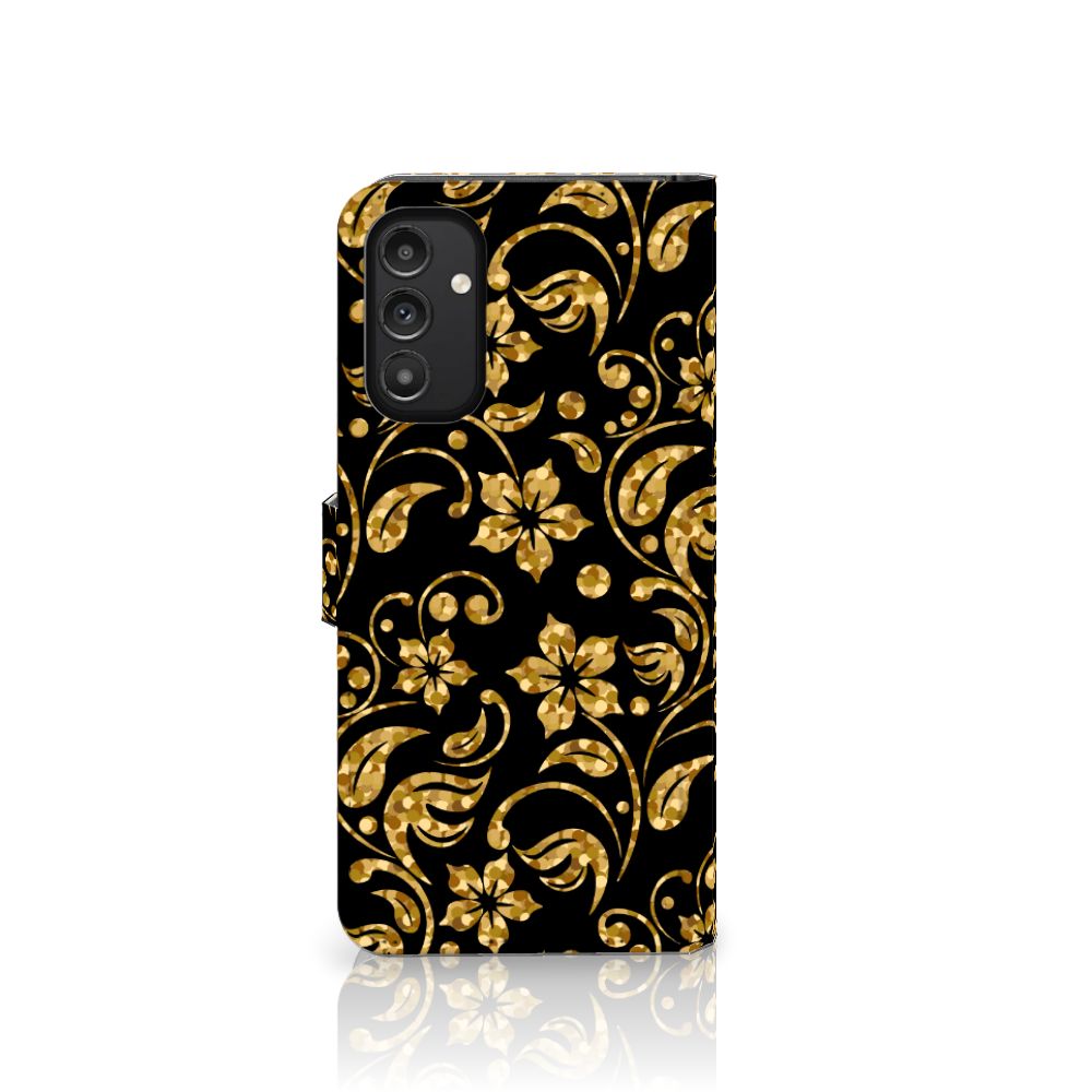 Samsung Galaxy A14 4G Hoesje Gouden Bloemen met goudkleurige bloemen op een zwarte achtergrond.