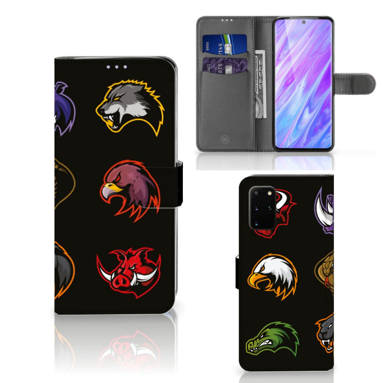 Samsung Galaxy S20 Plus Leuk Hoesje Cartoon met verschillende dierenlogo's op een zwart achtergrond.