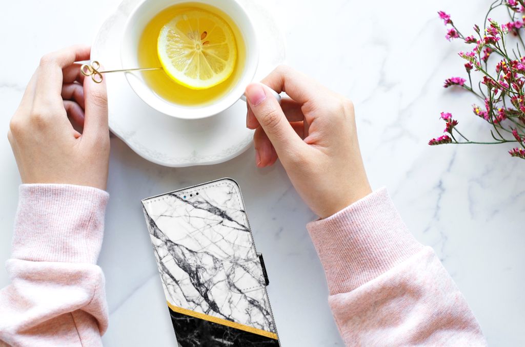 Motorola Moto G9 Play | E7 Plus Bookcase Marmer Wit Zwart - Origineel Cadeau Man