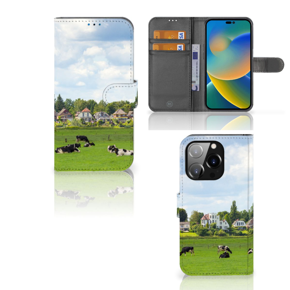 iPhone 14 Pro Telefoonhoesje met Pasjes Koeien met grazende koeien en opbergvakjes in een groen landschap.