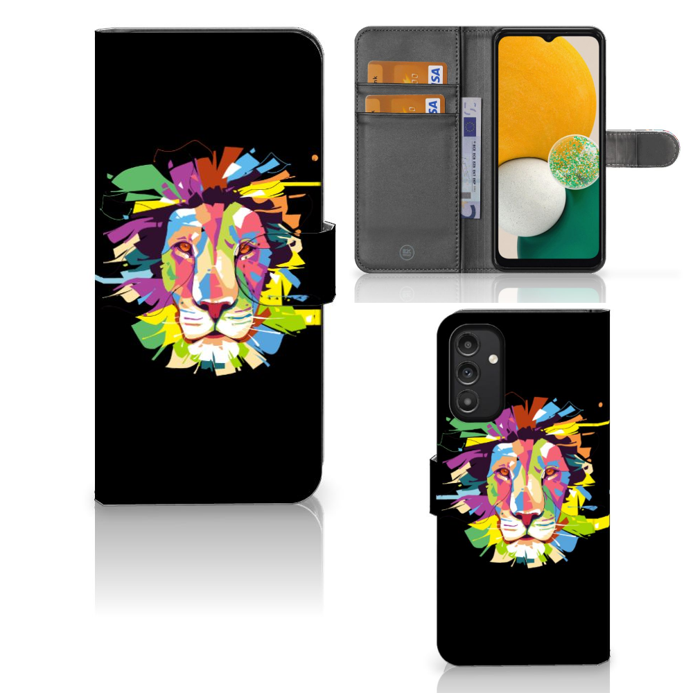 Samsung Galaxy A14 4G Leuk Hoesje Lion Color met kleurrijk leeuwendesign en vakjes voor pasjes.