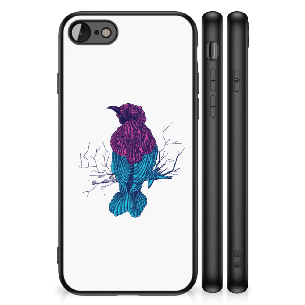 iPhone SE 2022 | SE 2020 | 7/8 Hoesje Merel met kleurvolle vogelillustratie op zwarte achterkant
