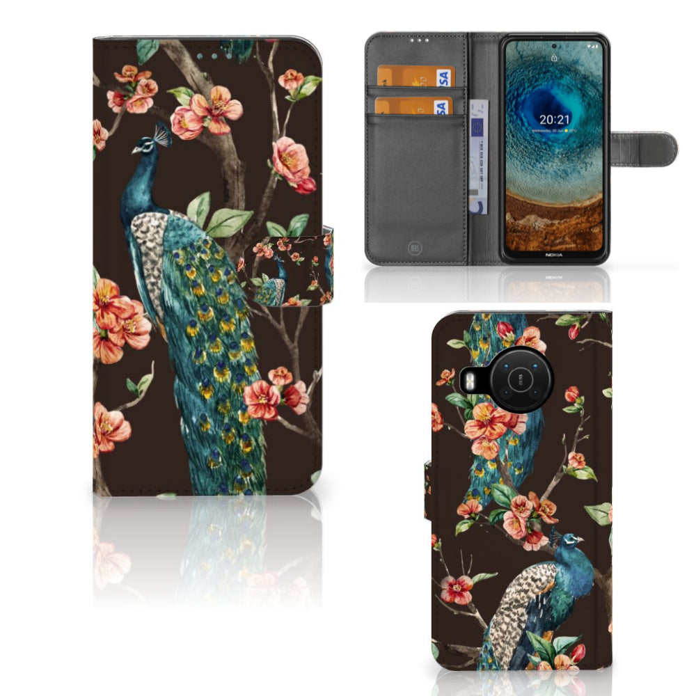 Nokia X10 | Nokia X20 Telefoonhoesje met Pasjes Pauw met Bloemen