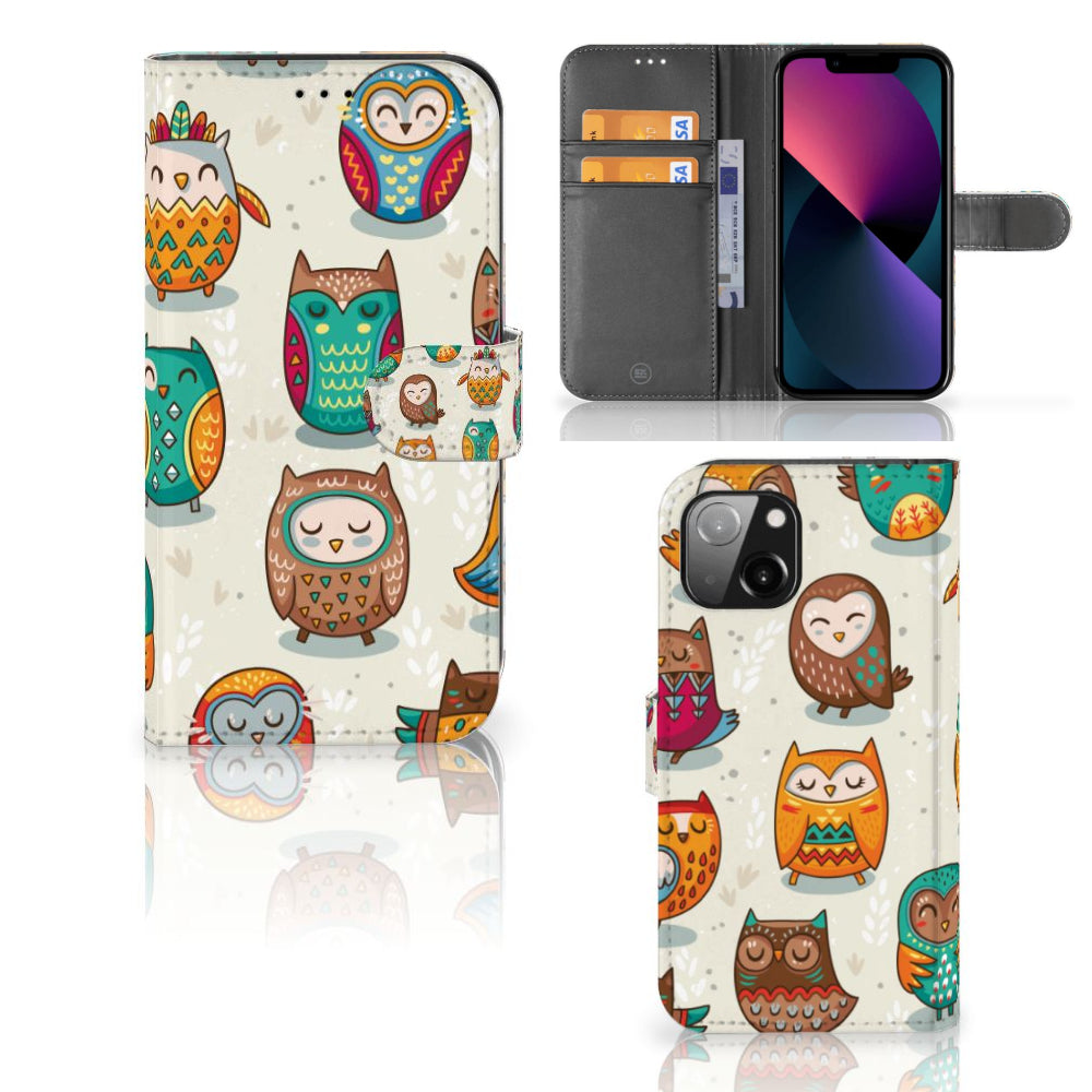 Apple iPhone 13 Telefoonhoesje met Pasjes Vrolijke Uilen
