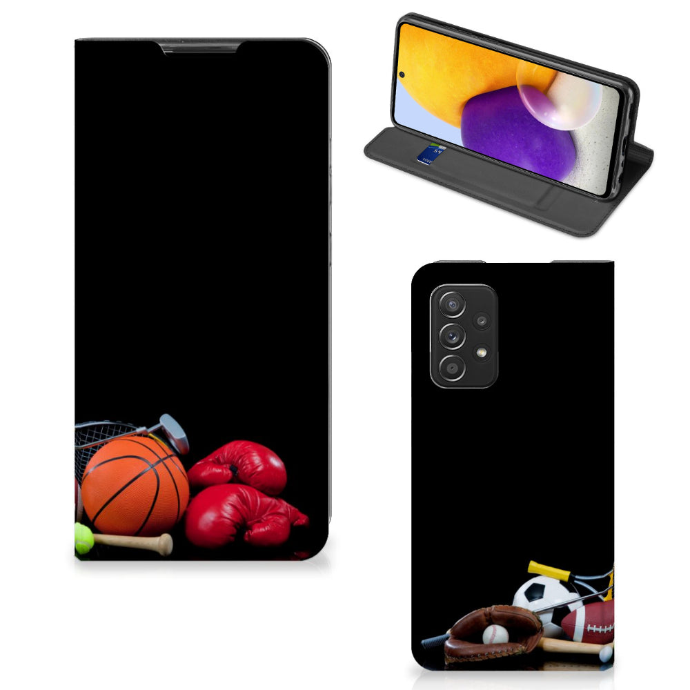 Samsung Galaxy A72 (5G/4G) Hippe Standcase Sports with sports equipment graphics including basketball and boxing gloves.