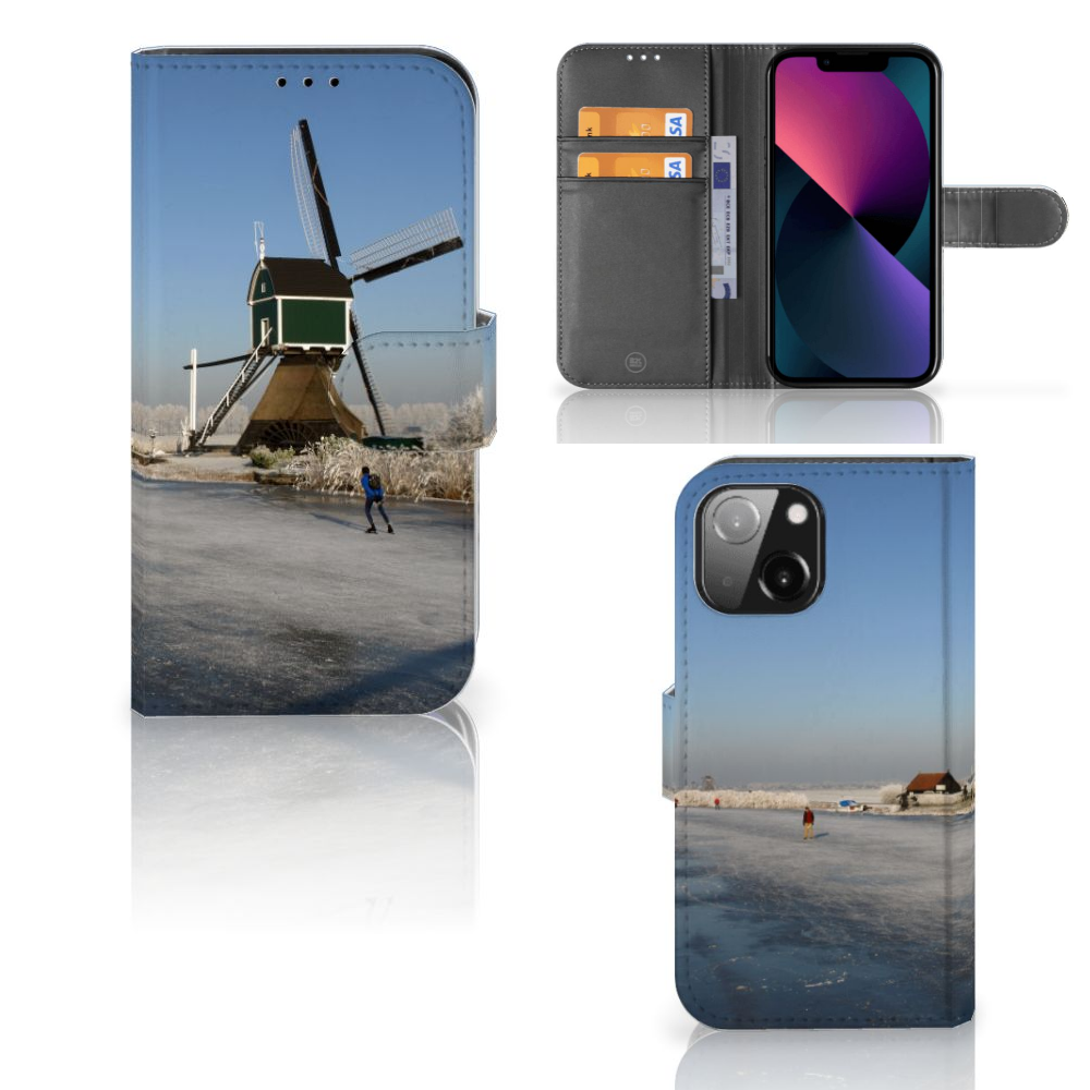 iPhone 13 Mini Flip Cover Schaatsers met windmolen en schaatser op het ijs