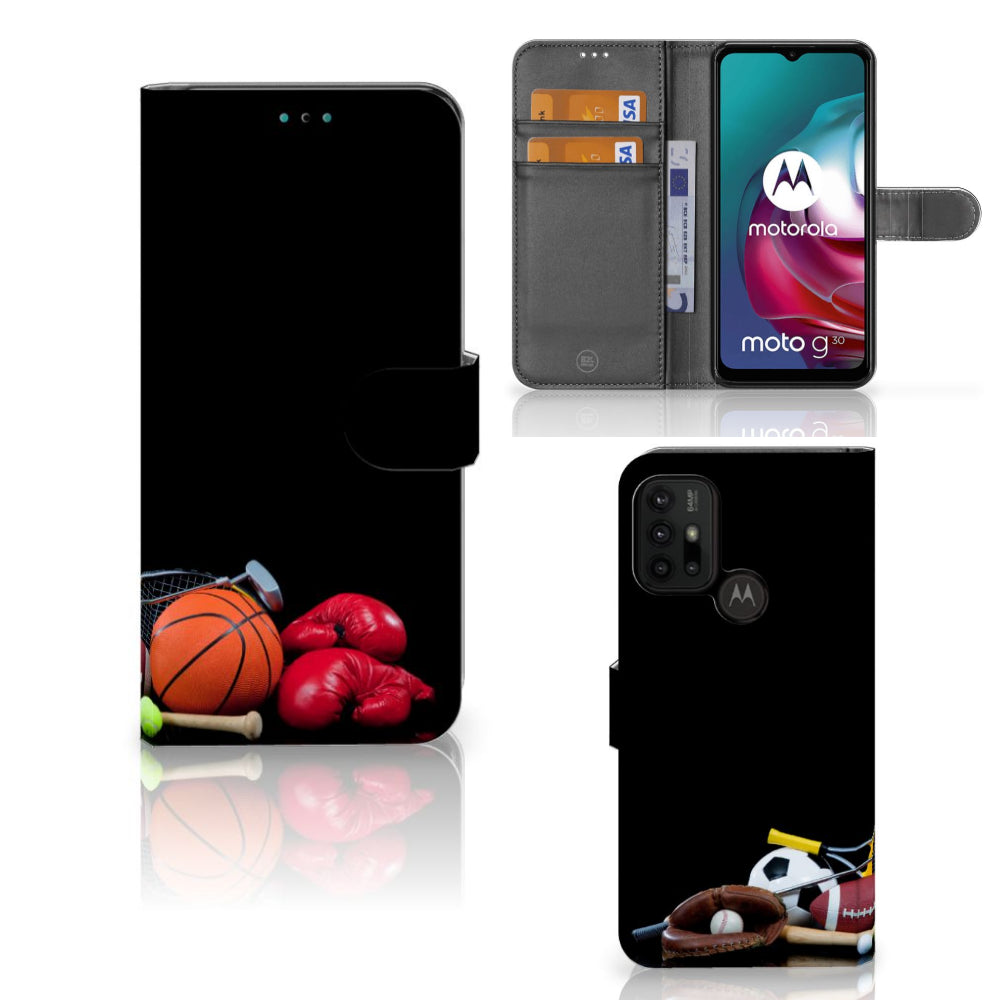 Motorola Moto G10 | G20 | G30 Wallet Case met Pasjes Sports, met sportartikelen zoals basketbal en bokshandschoenen.