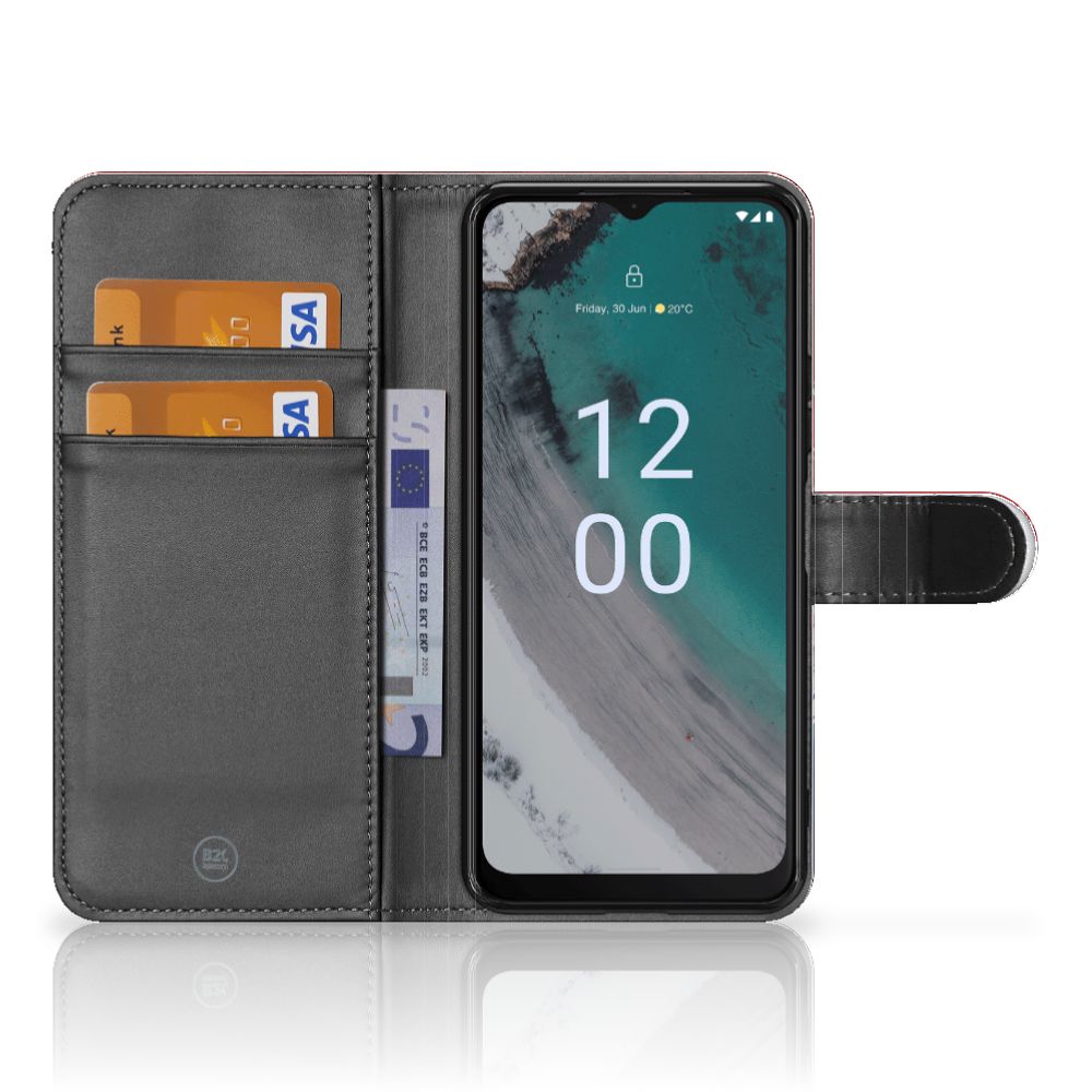 Nokia C32 Bookstyle Case Nederland met pasjes en schermweergave, design geïnspireerd op de Nederlandse vlag.