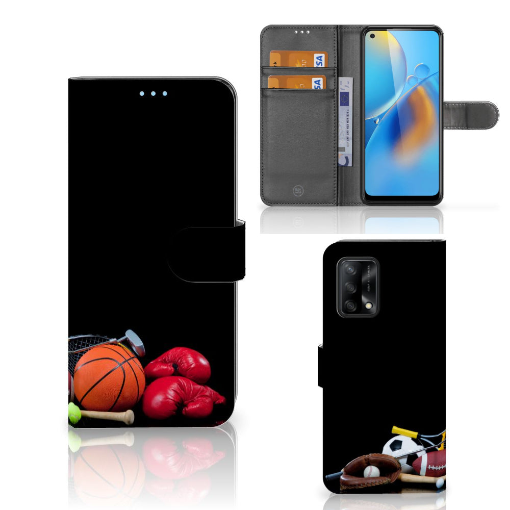 OPPO A74 4G Wallet Case met Pasjes Sports met sportuitrusting en pasjeshouders in zwart design