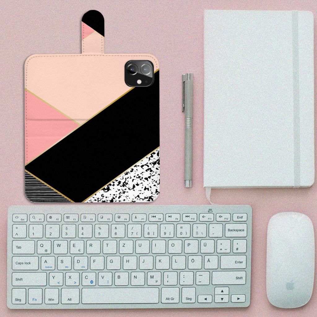 iPhone 12 | 12 Pro (6.1") Book Case Zwart Roze Vormen
