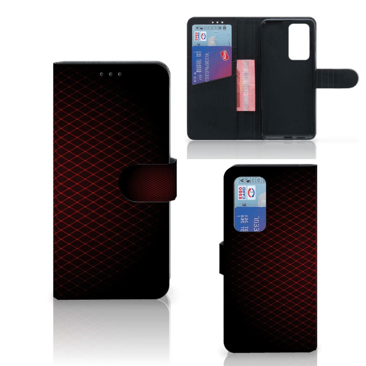Huawei P40 Pro Telefoon Hoesje Geruit Rood met ruimte voor 3 pasjes en minimalistisch design.