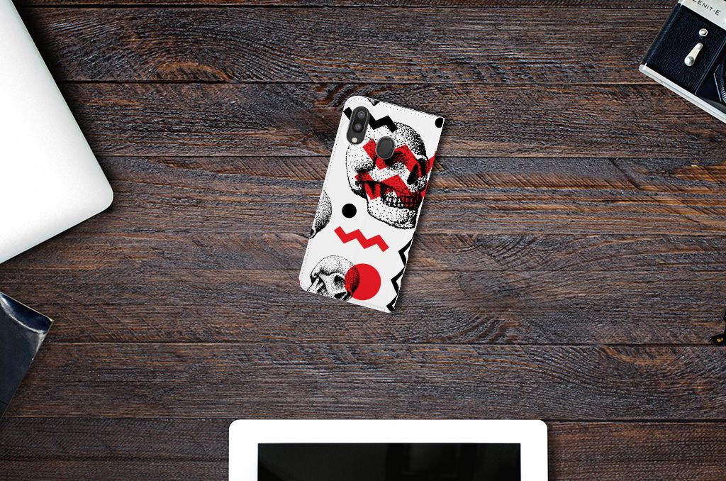 Mobiel BookCase Samsung Galaxy M20 Skull Red