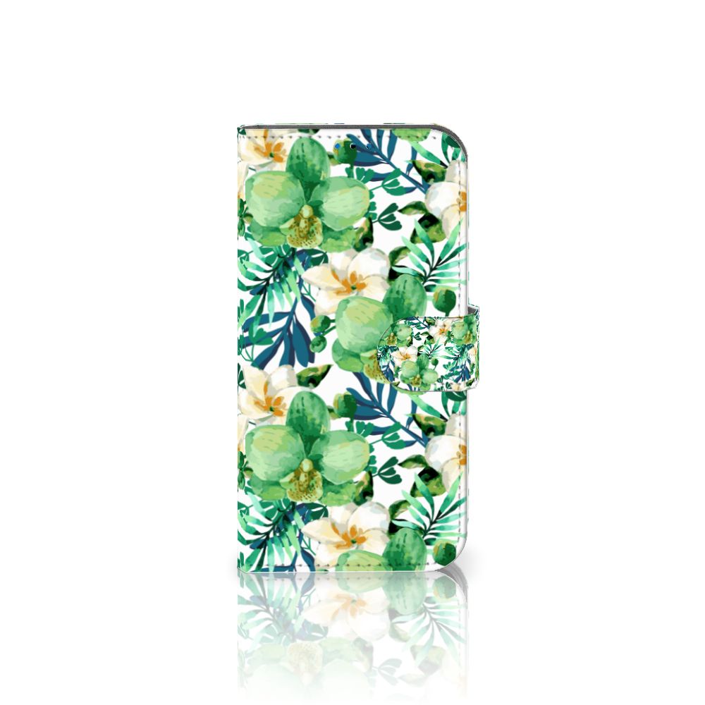 iPhone 14 Pro Hoesje Orchidee Groen met tropisch bloemen ontwerp voor drie pasjes 🌺