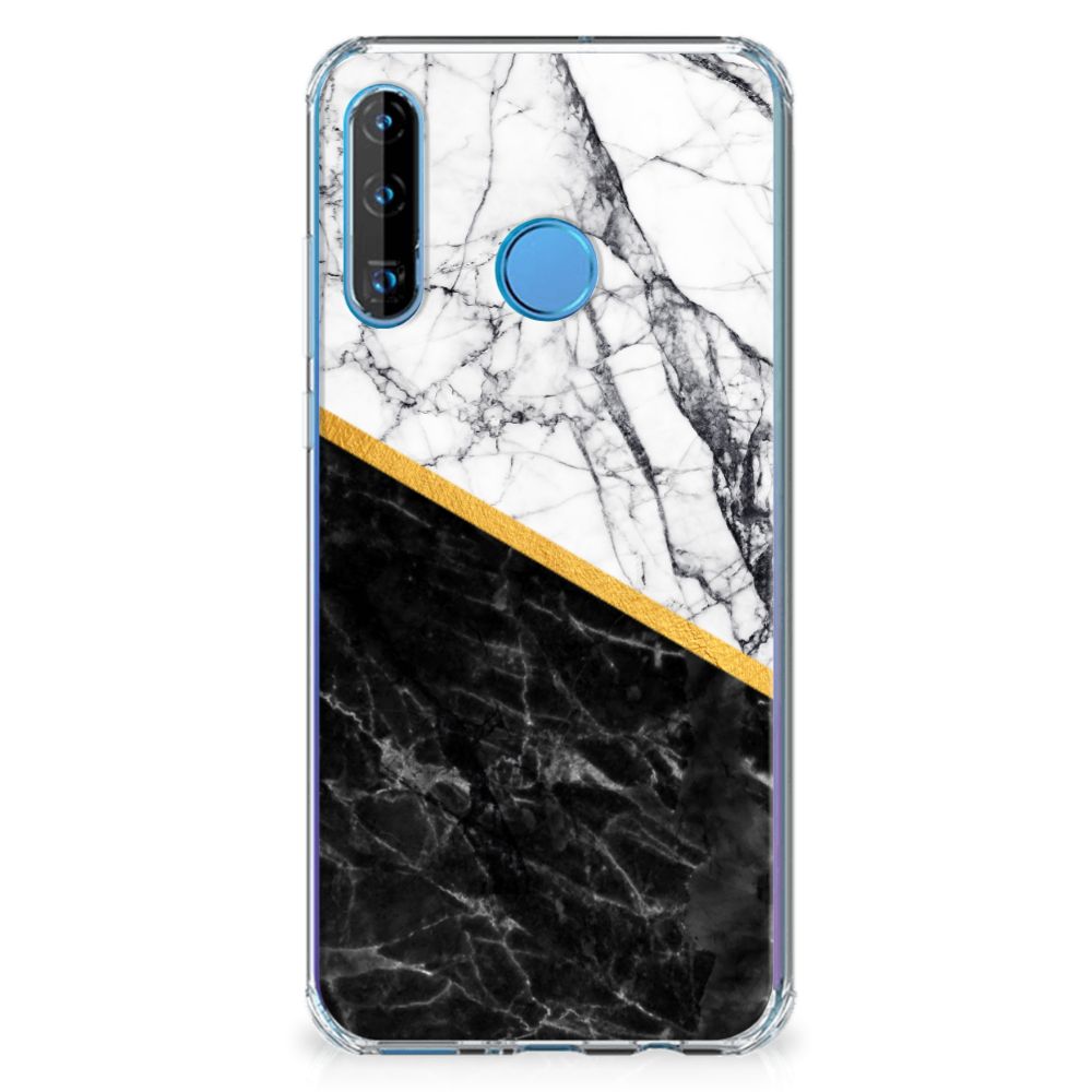 Huawei P30 Lite Anti-Shock Hoesje Marmer Wit Zwart - Origineel Cadeau Man