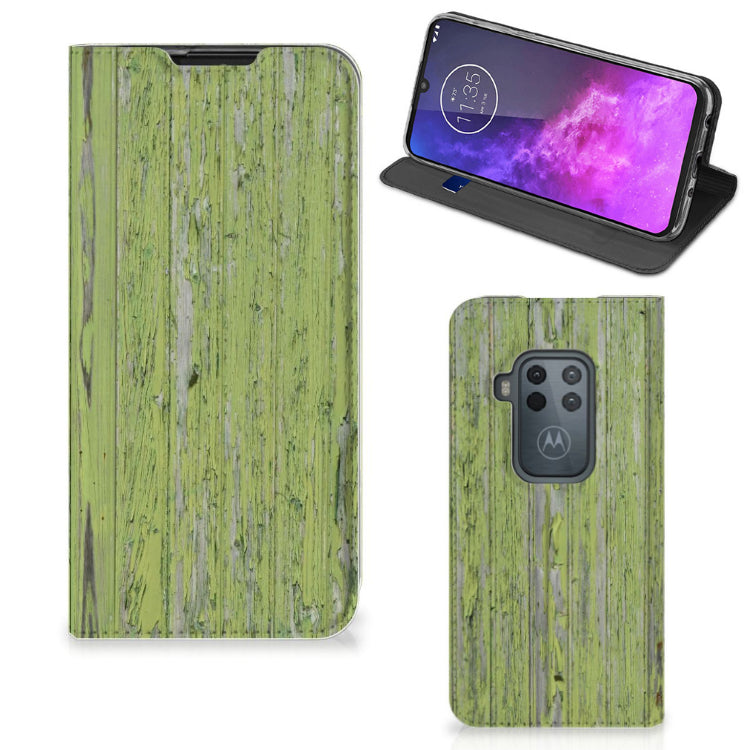 Motorola One Zoom Book Wallet Case Green Wood