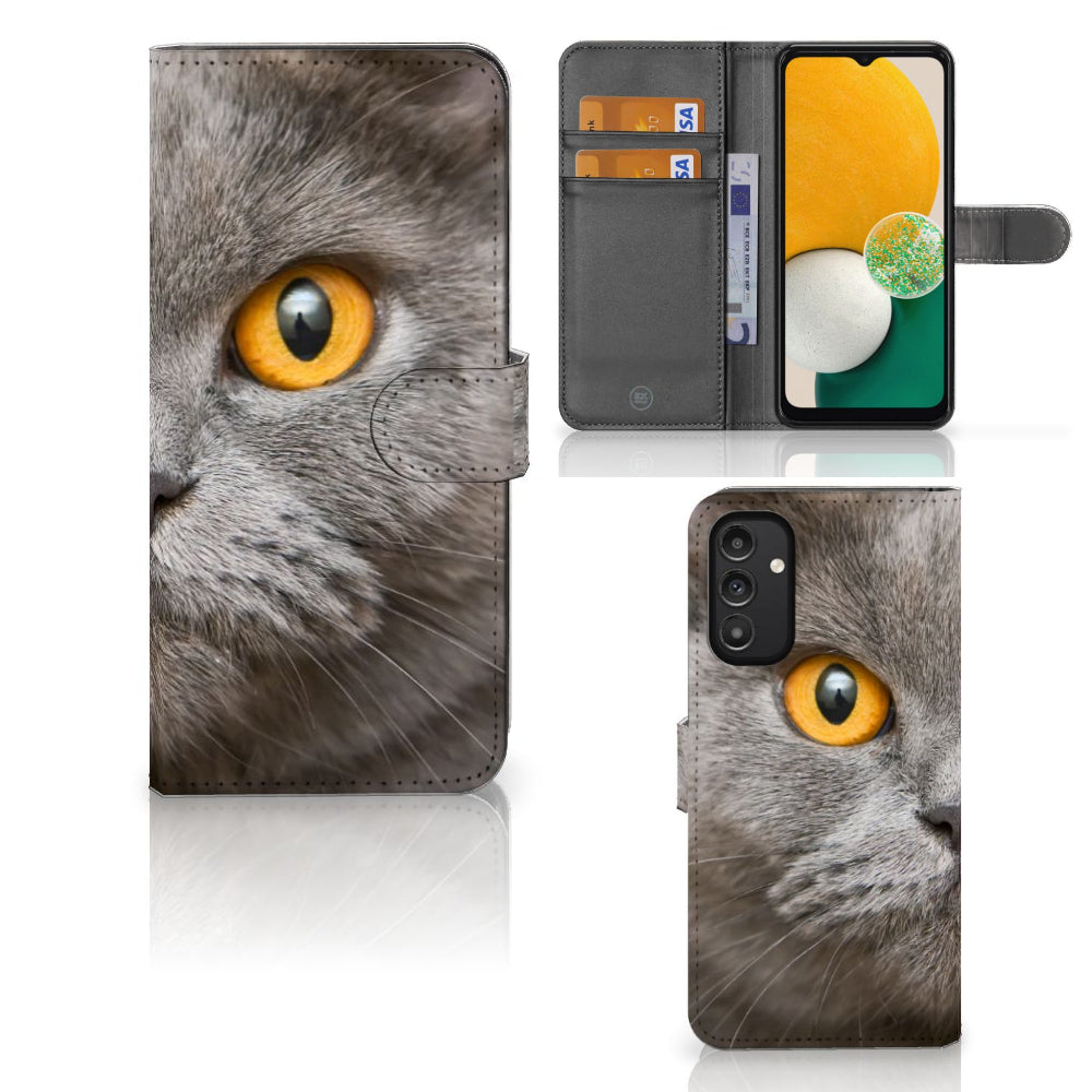 Telefoonhoesje met Pasjes Samsung Galaxy A14 4G Britse Korthaar met indrukwekkende kattenprint.