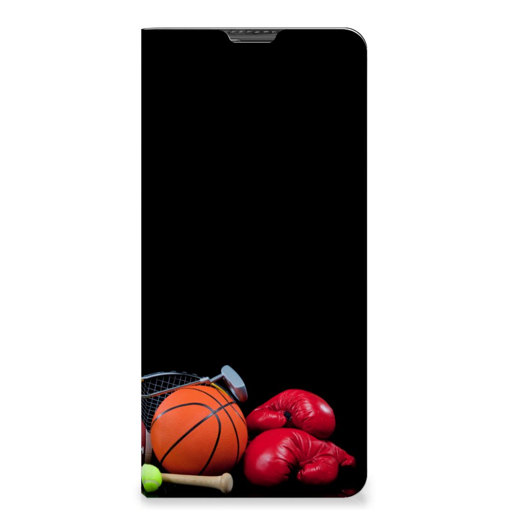Motorola Moto G100 Hippe Standcase Sports design with basketball, boxing gloves, and sports equipment.