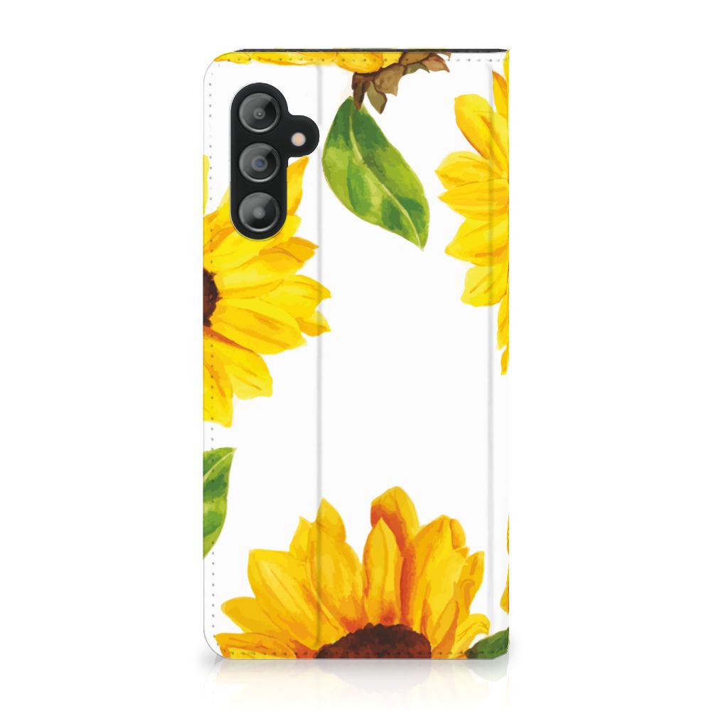 Smart Cover voor Samsung Galaxy A14 5G Zonnebloemen met kleurrijk zonnebloemdesign op een witte achtergrond.