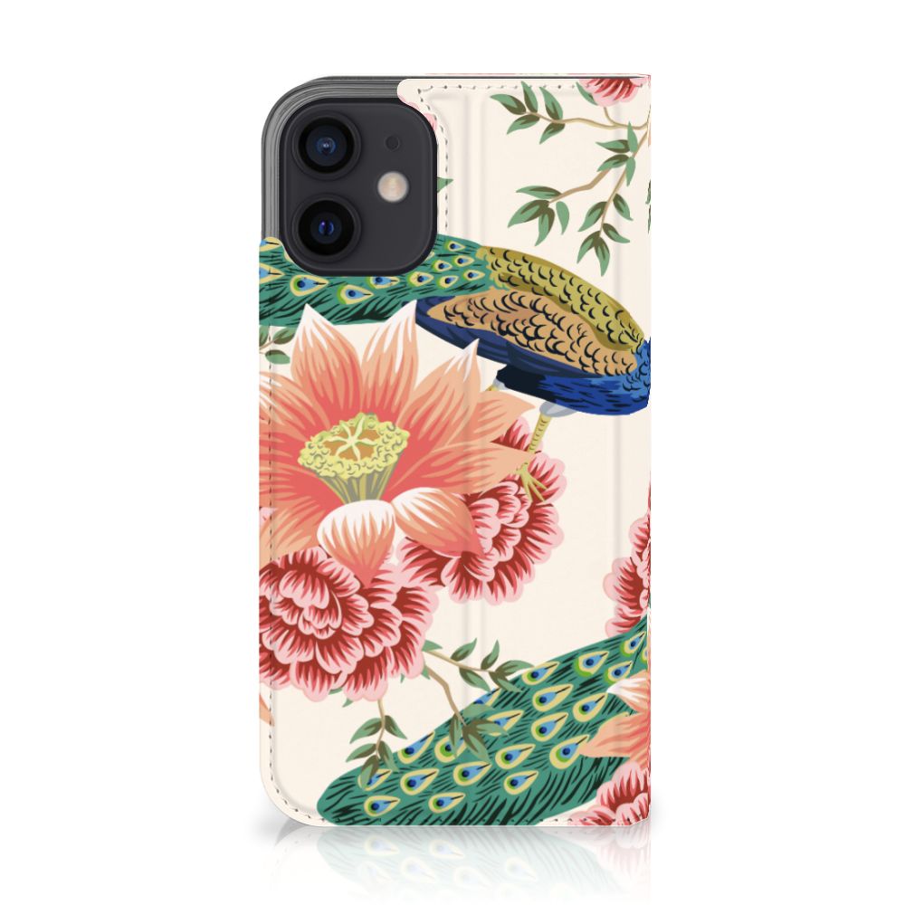 Hoesje maken voor iPhone 12 Mini Pink Peacock met bloemen en pauwen design.
