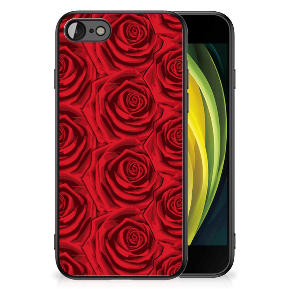 iPhone SE 2022 | SE 2020 | 7/8 Bloemen Hoesje Red Roses met rozenpatroon en zwarte rand, perfect voor bescherming en stijl.