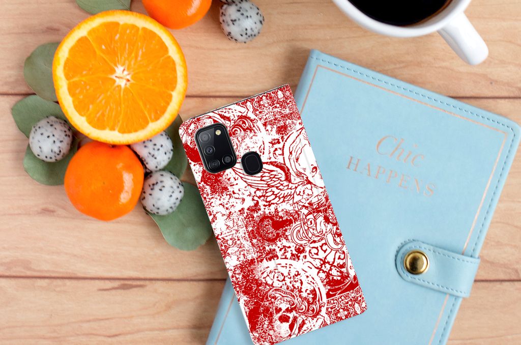 Mobiel BookCase Samsung Galaxy A21s Angel Skull Rood - B2C Telecom