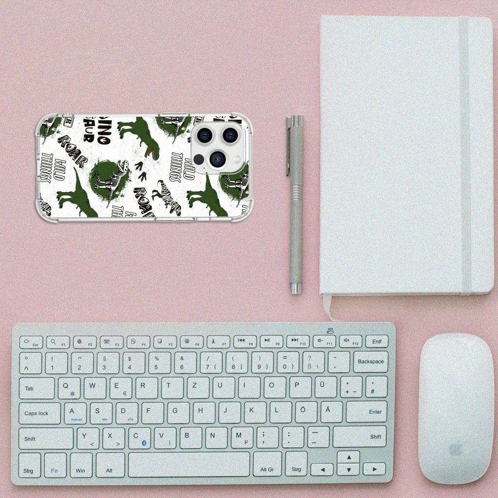 Case Anti-shock voor iPhone 13 Pro Max Dinosaurus met dino-print op een bureau.