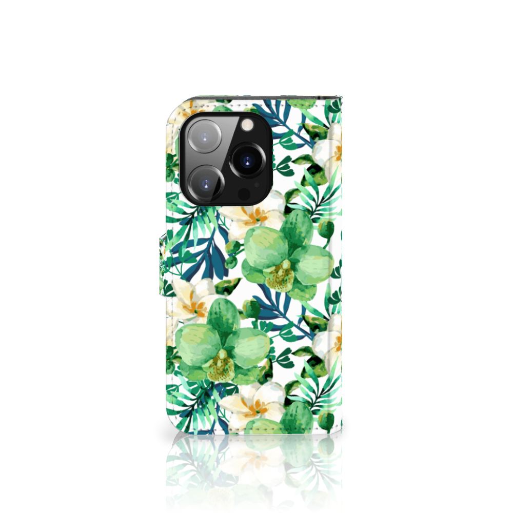iPhone 14 Pro Hoesje Orchidee Groen met tropisch design en bloemen