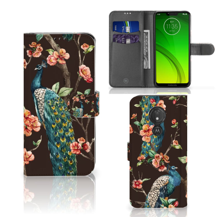 Motorola Moto G7 Power Telefoonhoesje met Pasjes Pauw met Bloemen