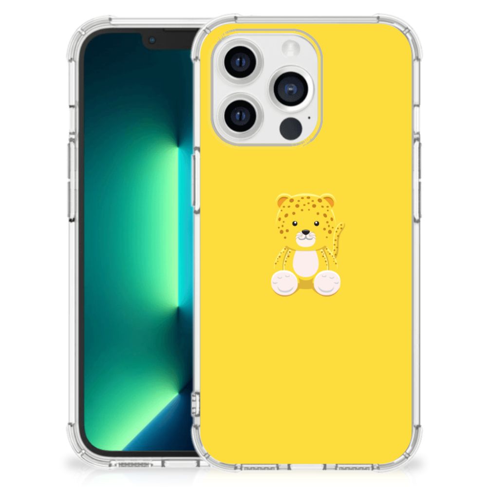 iPhone 13 Pro Max Stevig Bumper Hoesje Baby Leopard met schattige gele leopard 🐆 op felgele achtergrond.