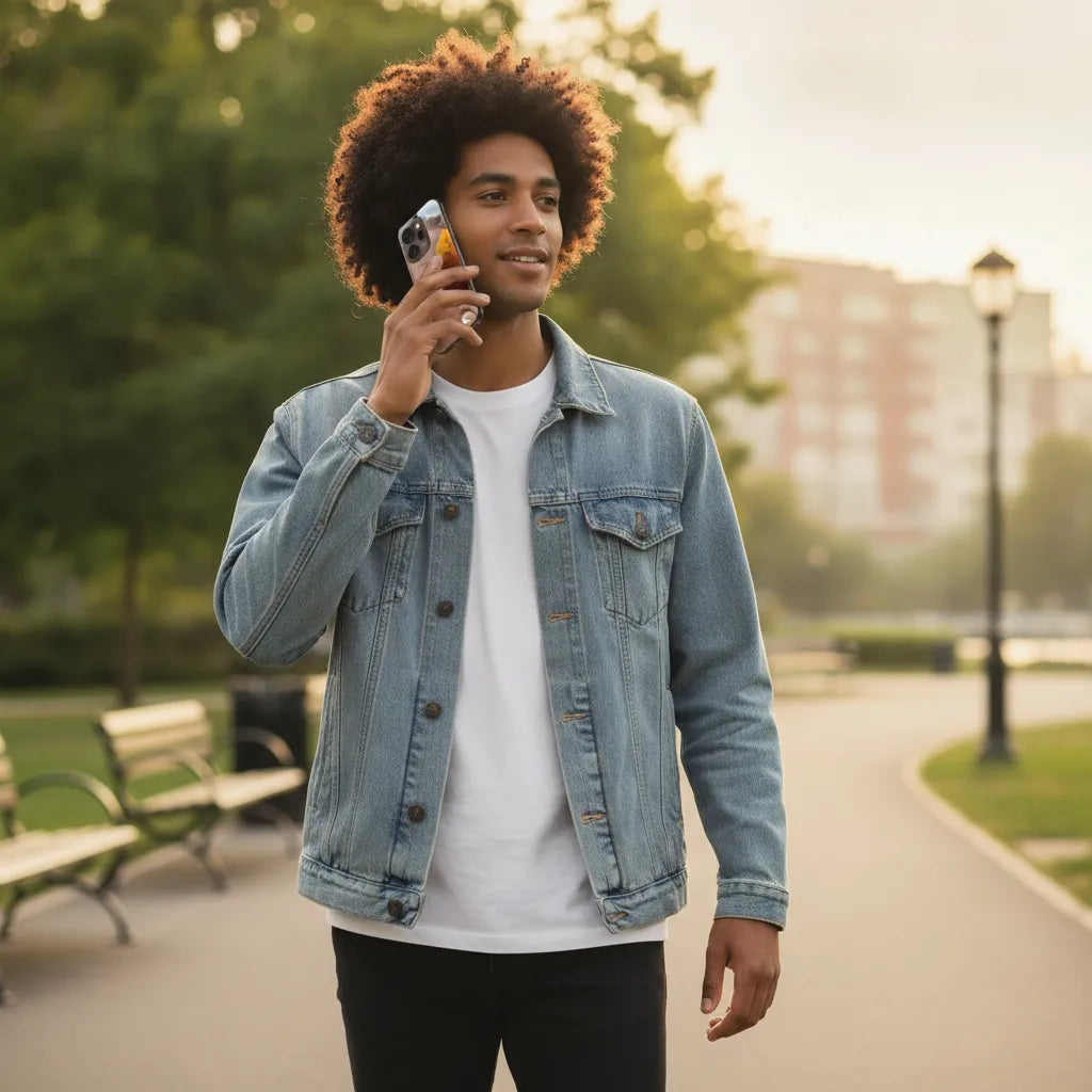 Man in denim jacket using a phone outdoors, showcasing a custom OPPO Reno15 Pro Hoesje Ontwerpen met Eigen Foto.