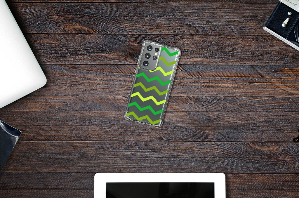 Samsung Galaxy S21 Ultra Doorzichtige Silicone Hoesje Zigzag Groen B2C Telecom