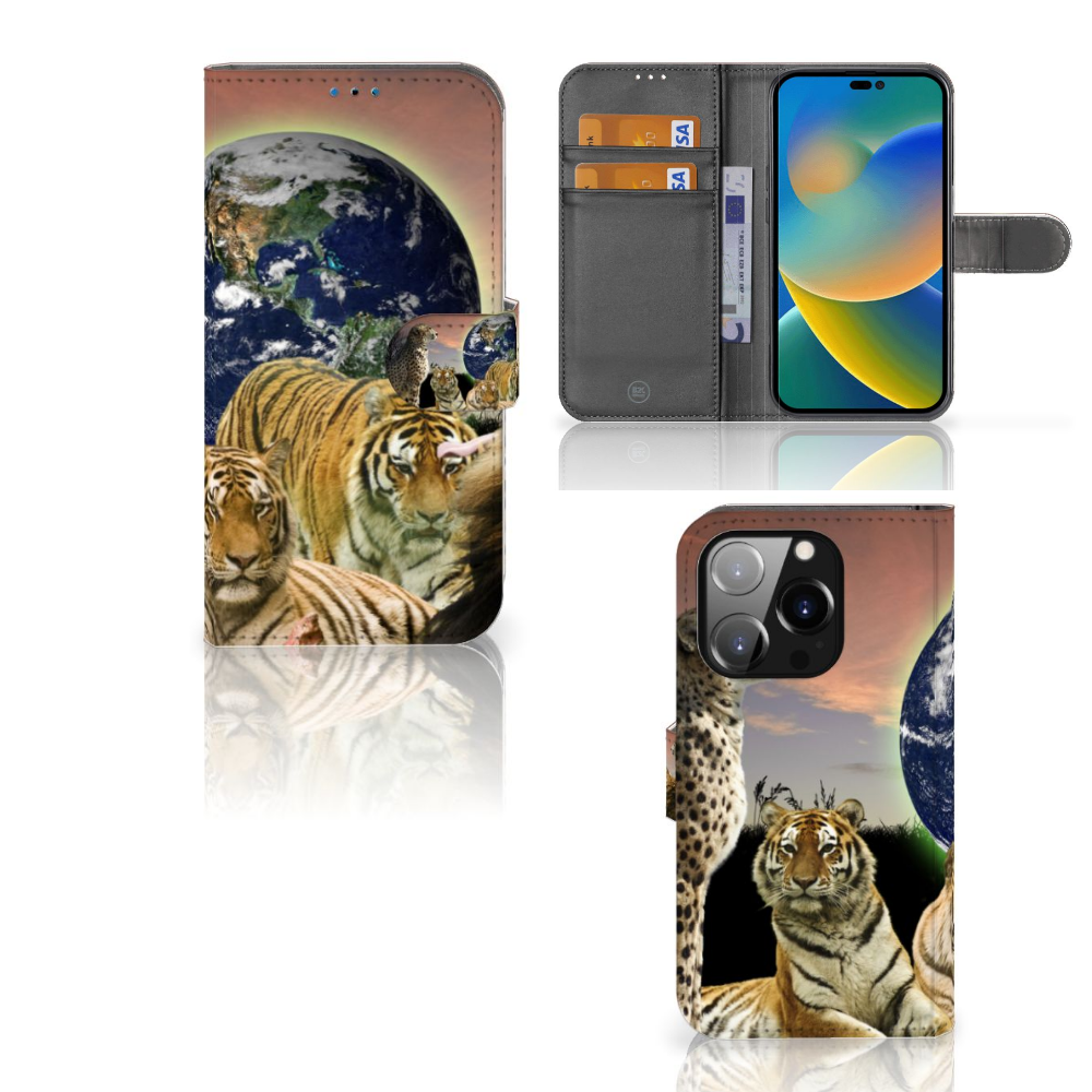 iPhone 14 Pro Telefoonhoesje met Pasjes Roofdieren met tijgers en wereldbol design 🐅