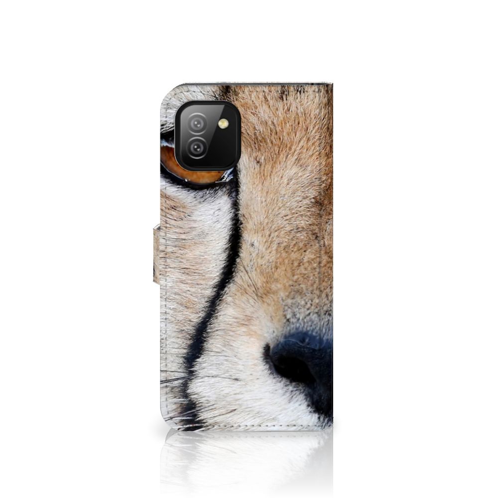 Samsung Galaxy A03 Telefoonhoesje met Pasjes Cheetah met close-up van cheetapos