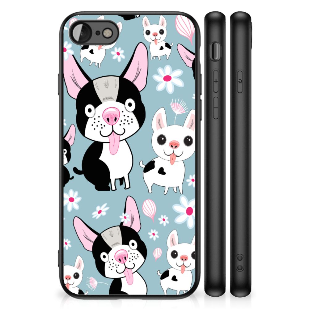 iPhone SE 2022 | SE 2020 | 7/8 Dierenprint Telefoonhoesje Hondjes met schattige hondenillustraties op een blauwe achtergrond.