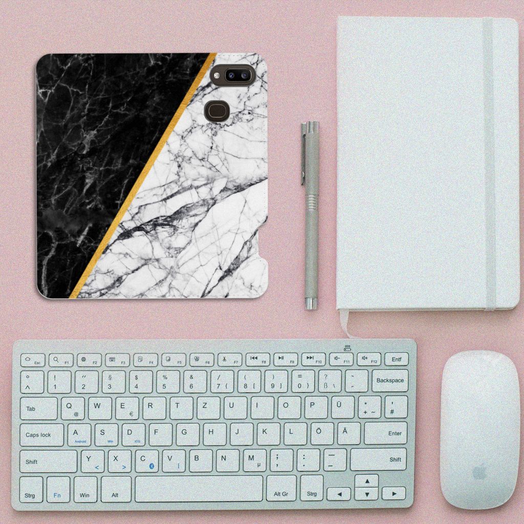 Samsung Galaxy A30 Standcase Marmer Wit Zwart - Origineel Cadeau Man