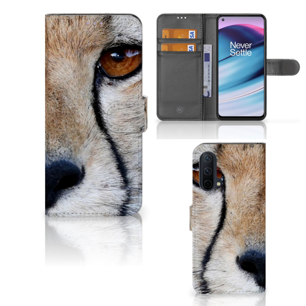 OnePlus Nord CE 5G Telefoonhoesje met Pasjes Cheetah met cheetah close-up en ruimte voor 3 pasjes.