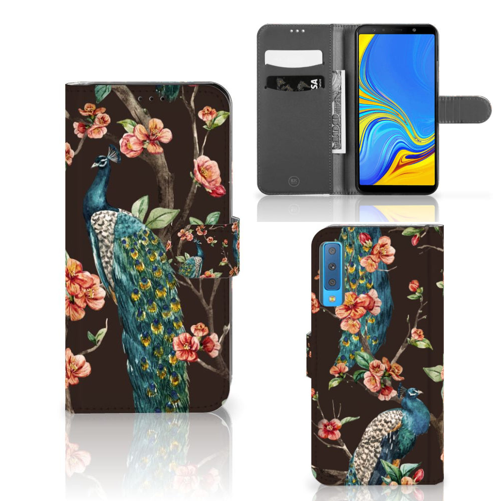 Samsung Galaxy A7 (2018) Telefoonhoesje met Pasjes Pauw met Bloemen