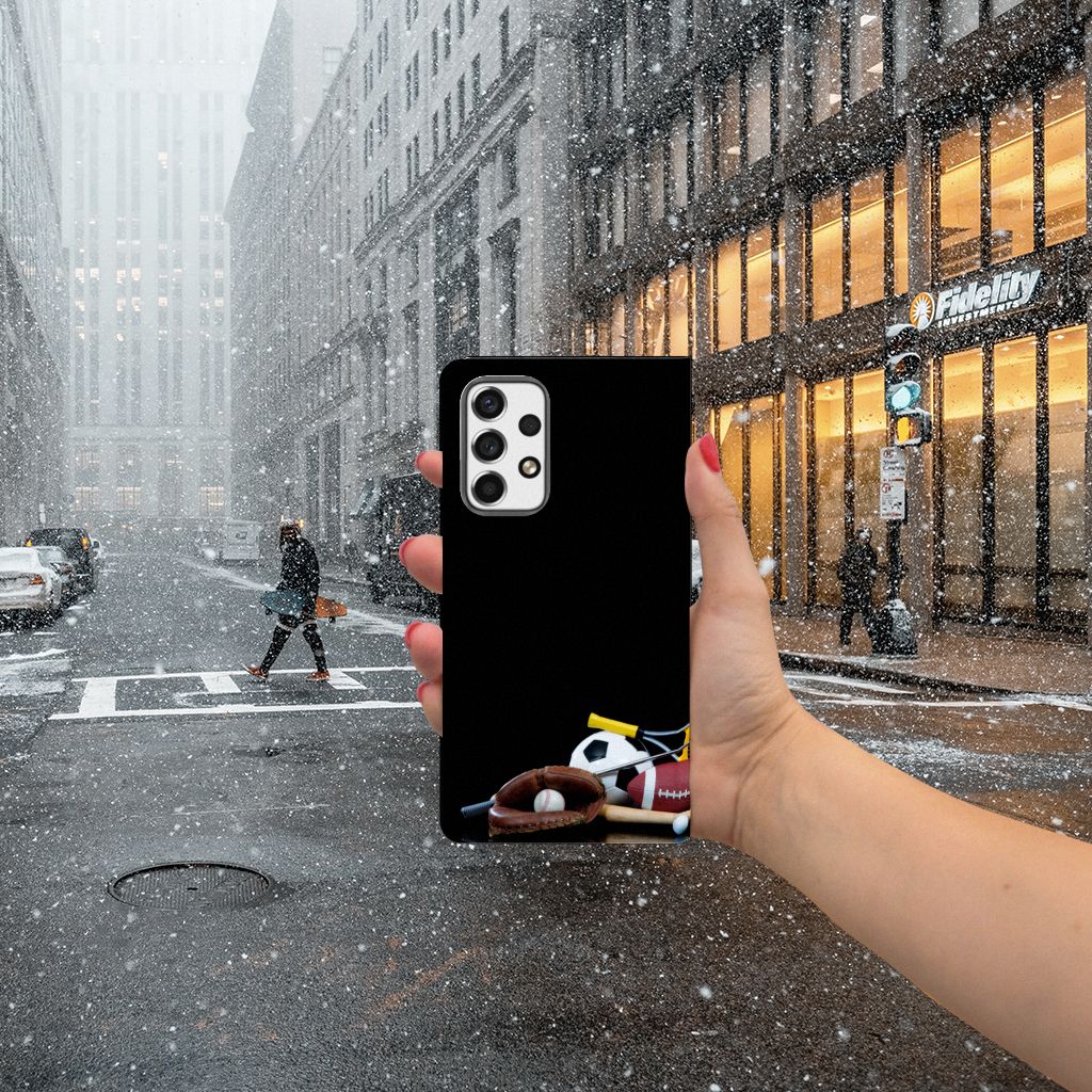 Samsung Galaxy A53 Hippe Standcase Sports showcasing a sports-themed design in a snowy urban setting.