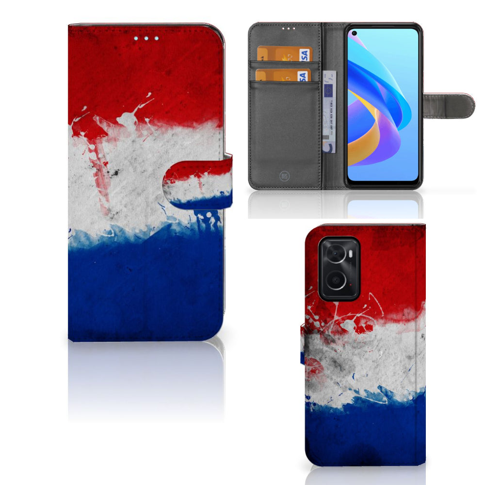 OPPO A76 | A96 Bookstyle Case Nederland met artistiek design van de Nederlandse vlag en ruimte voor pasjes.