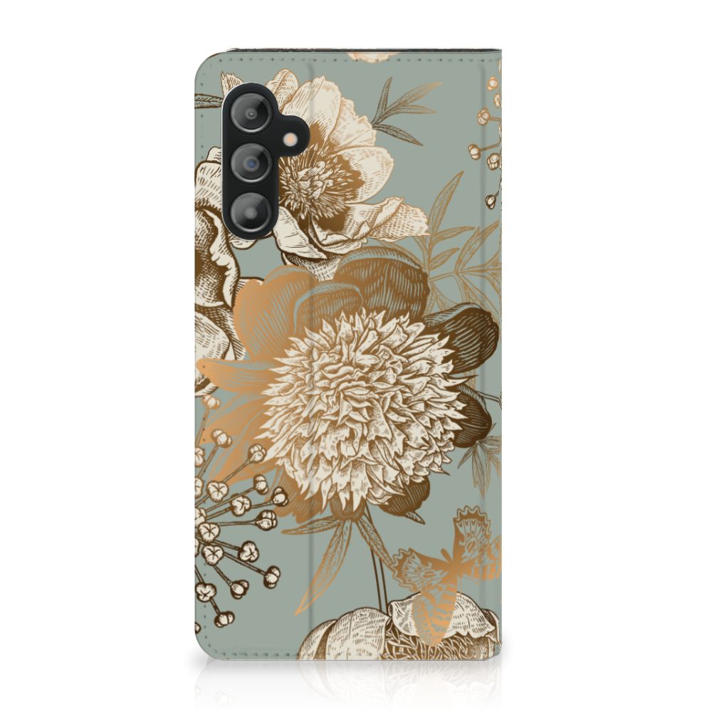 Smart Cover voor Samsung Galaxy A14 4G Vintage Bird Flowers met een bloemenmotief op een groene achtergrond.