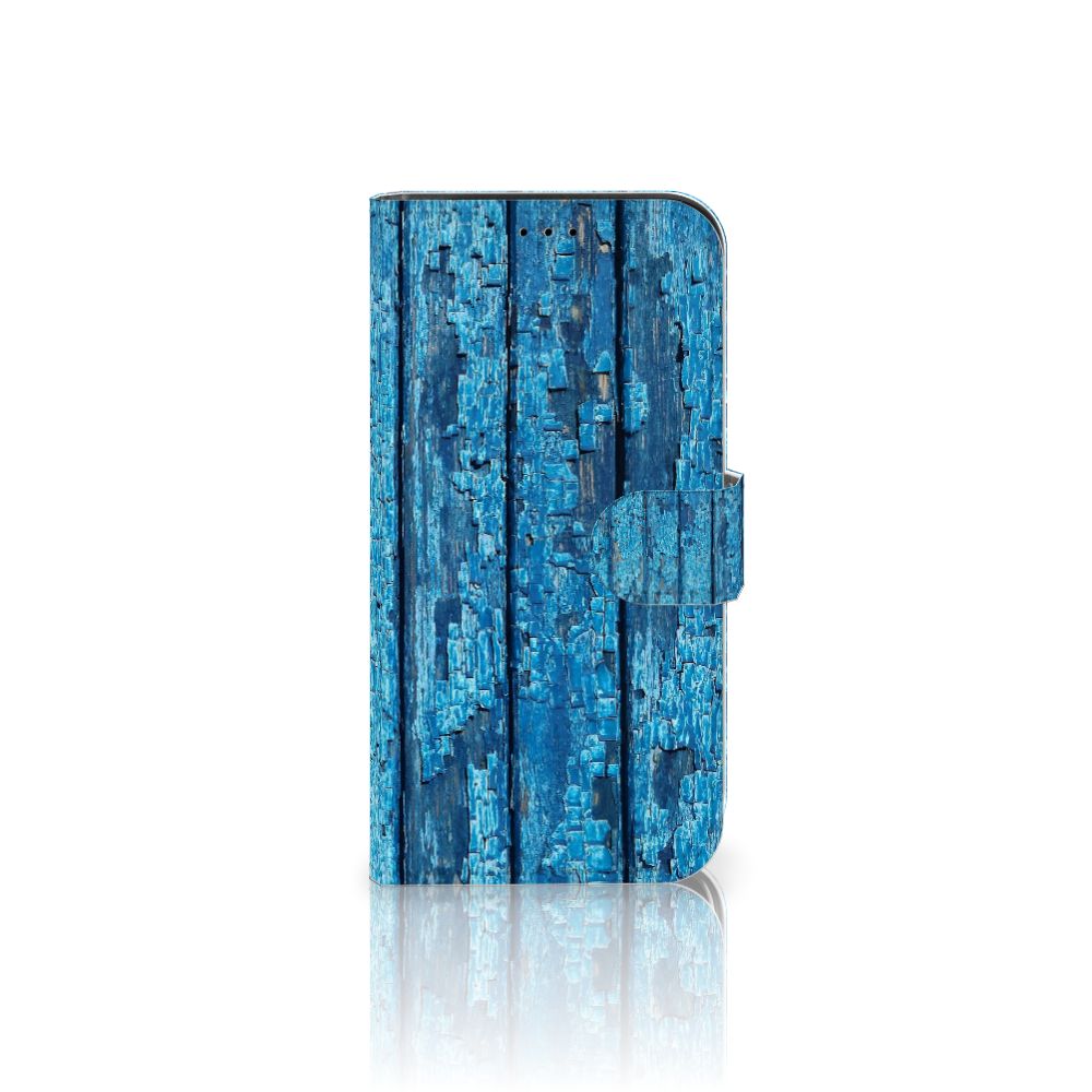 iPhone 13 Pro Book Style Case Wood Blue met afgebladderd blauw hout design 🌊