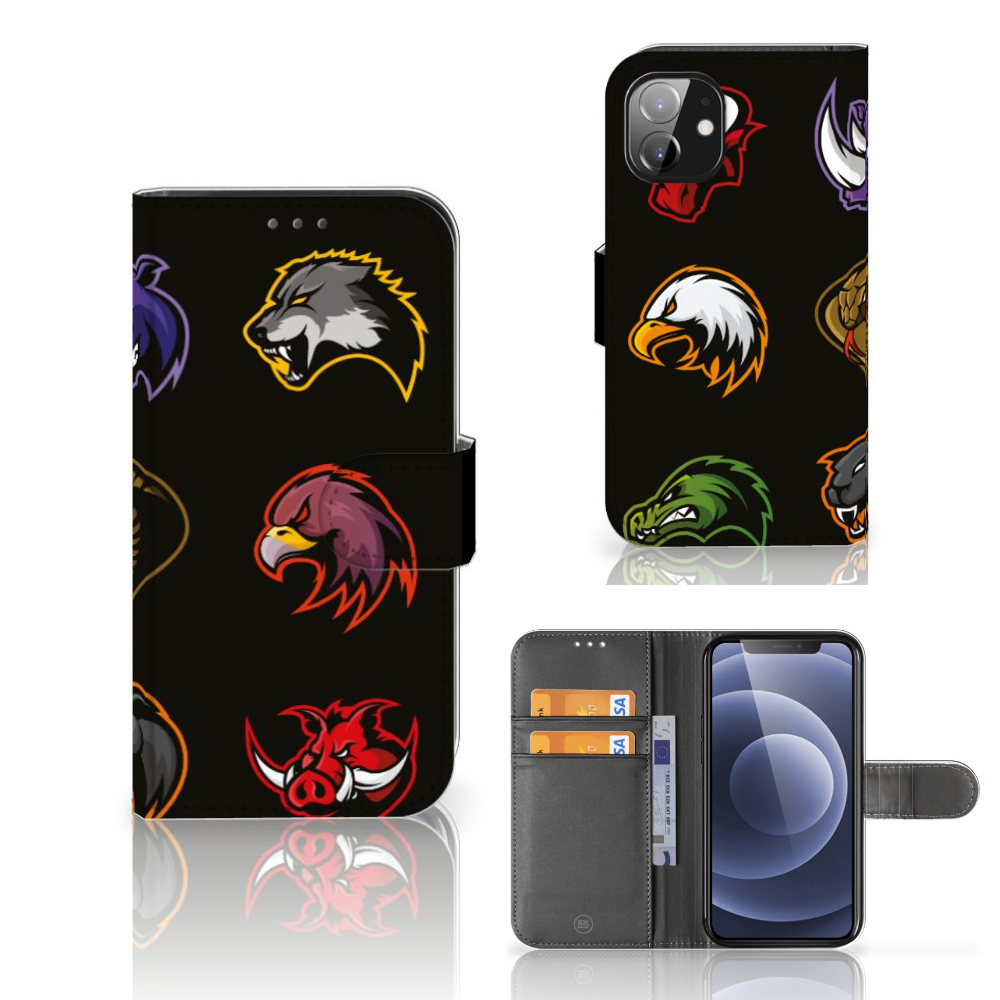 Apple iPhone 12 Mini Leuk Hoesje Cartoon met dierenkoppen op zwart ontwerp, veelzijdig en opvallend.