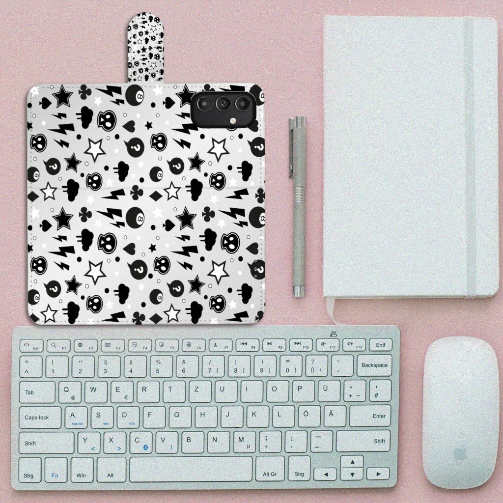 Telefoonhoesje met Naam Samsung Galaxy A14 5G Silver Punk met unieke zwart-witte print.