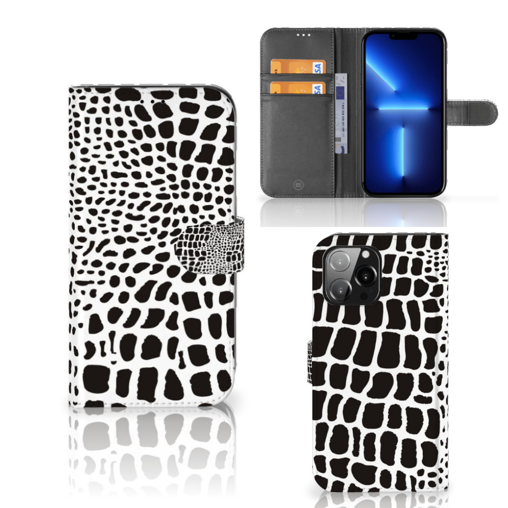 iPhone 13 Pro Max Telefoonhoesje met Pasjes Slangenprint in zwart-wit met magnetische sluiting