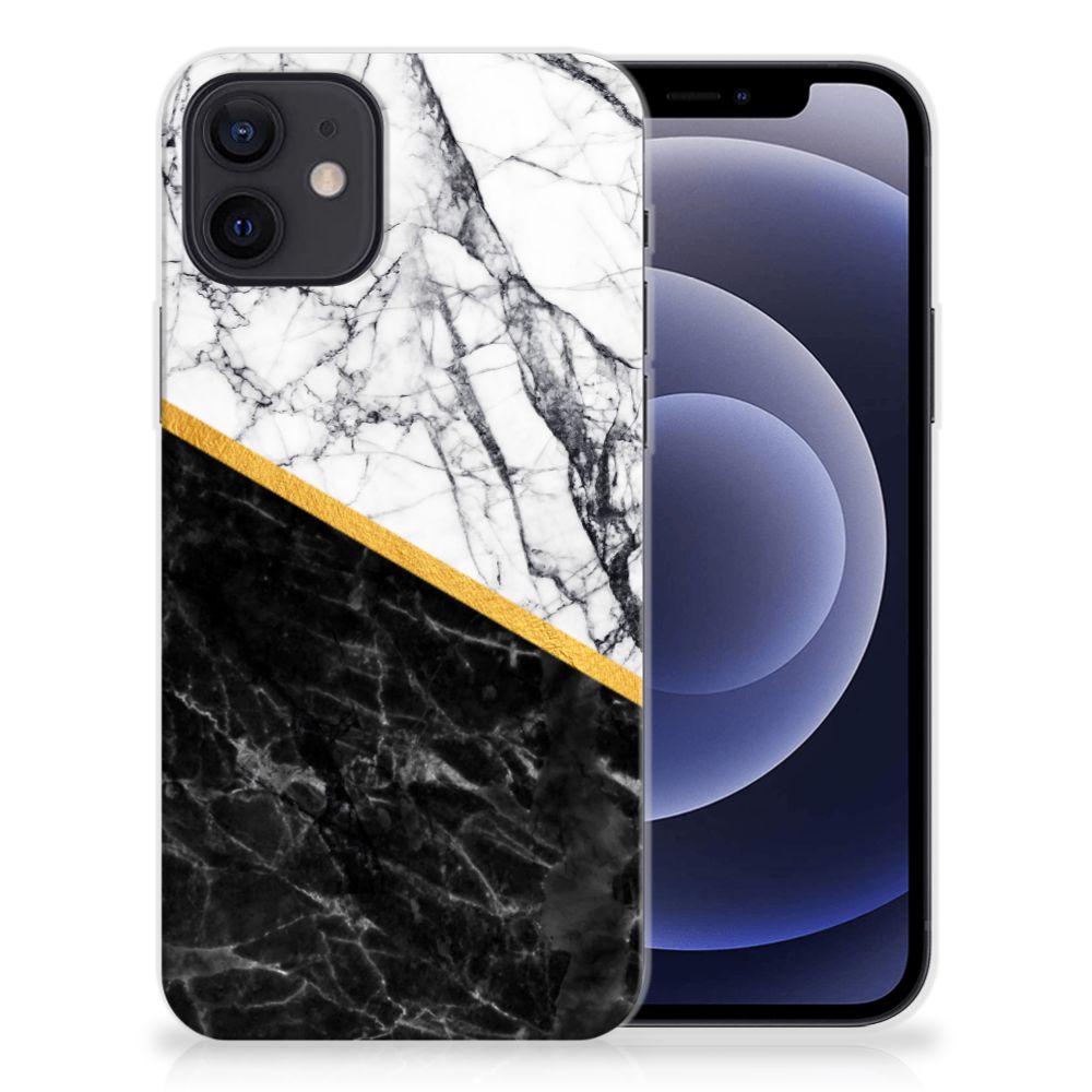 iPhone 12 | 12 Pro (6.1") TPU Siliconen Hoesje Marmer Wit Zwart - Origineel Cadeau Man