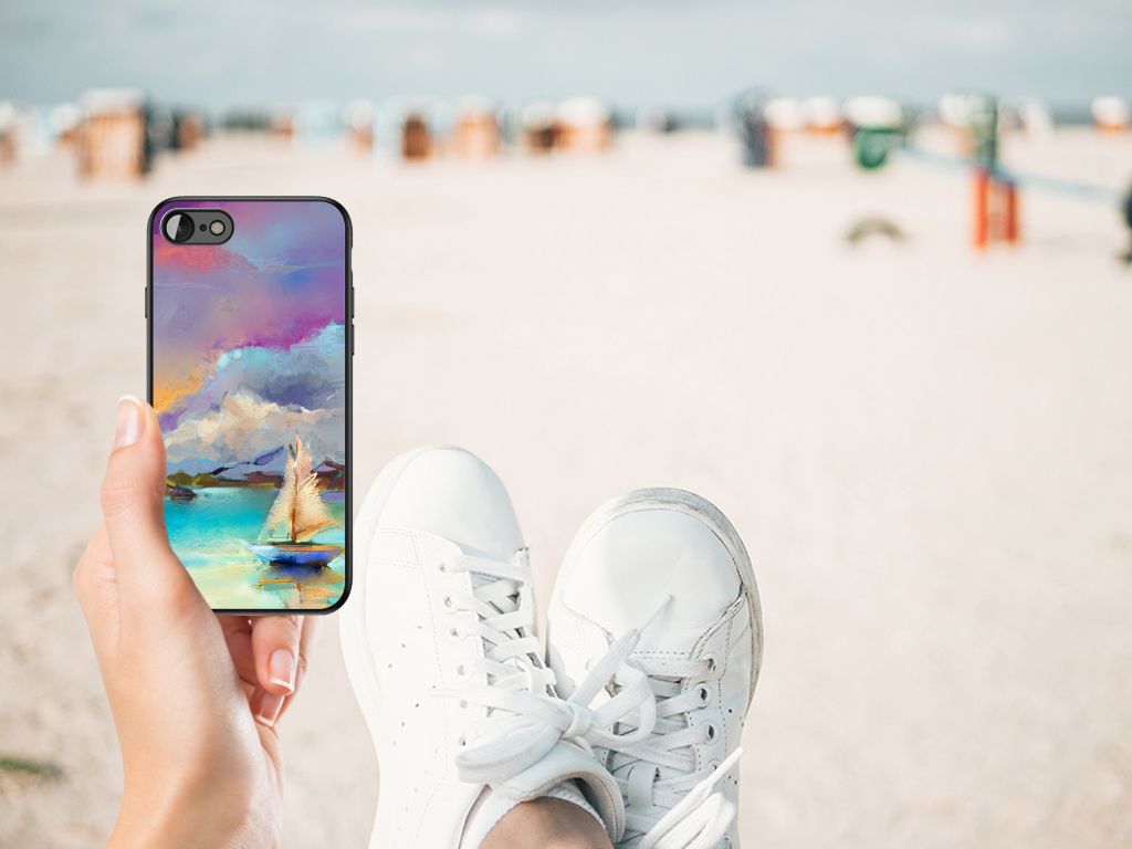 Kleurrijke Telefoonhoesje iPhone SE 2022 | SE 2020 | 7/8 Boat met watercolour design op strand.
