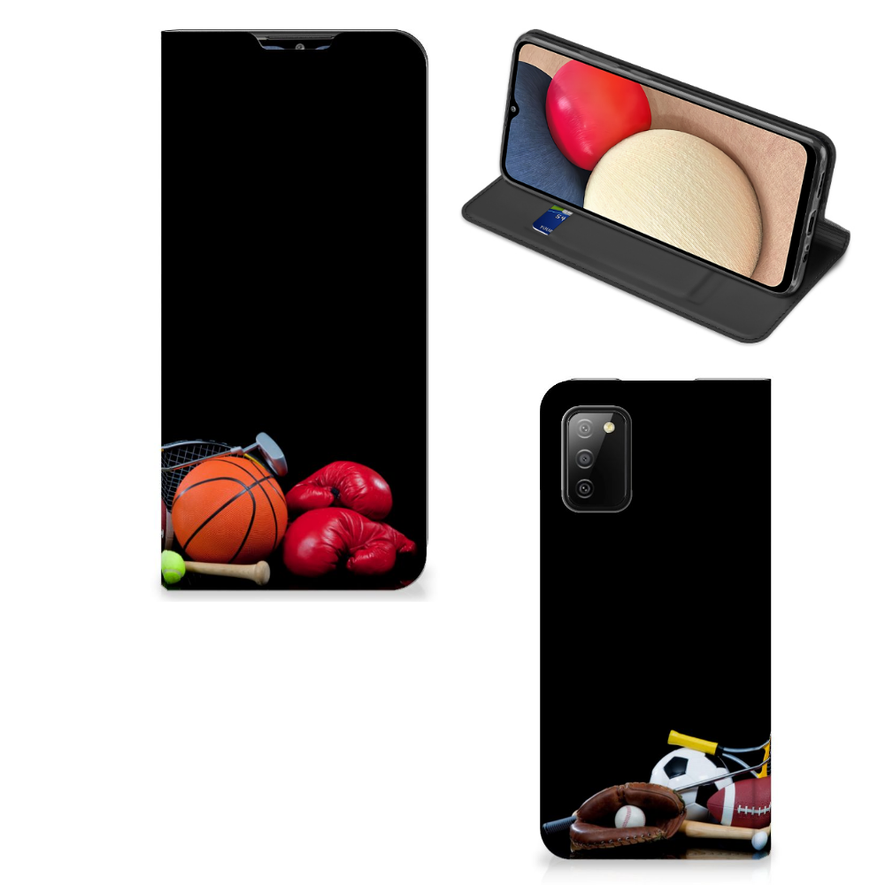 Samsung Galaxy M02s | A02s Hippe Standcase Sports with images of sports equipment including basketball and boxing gloves.