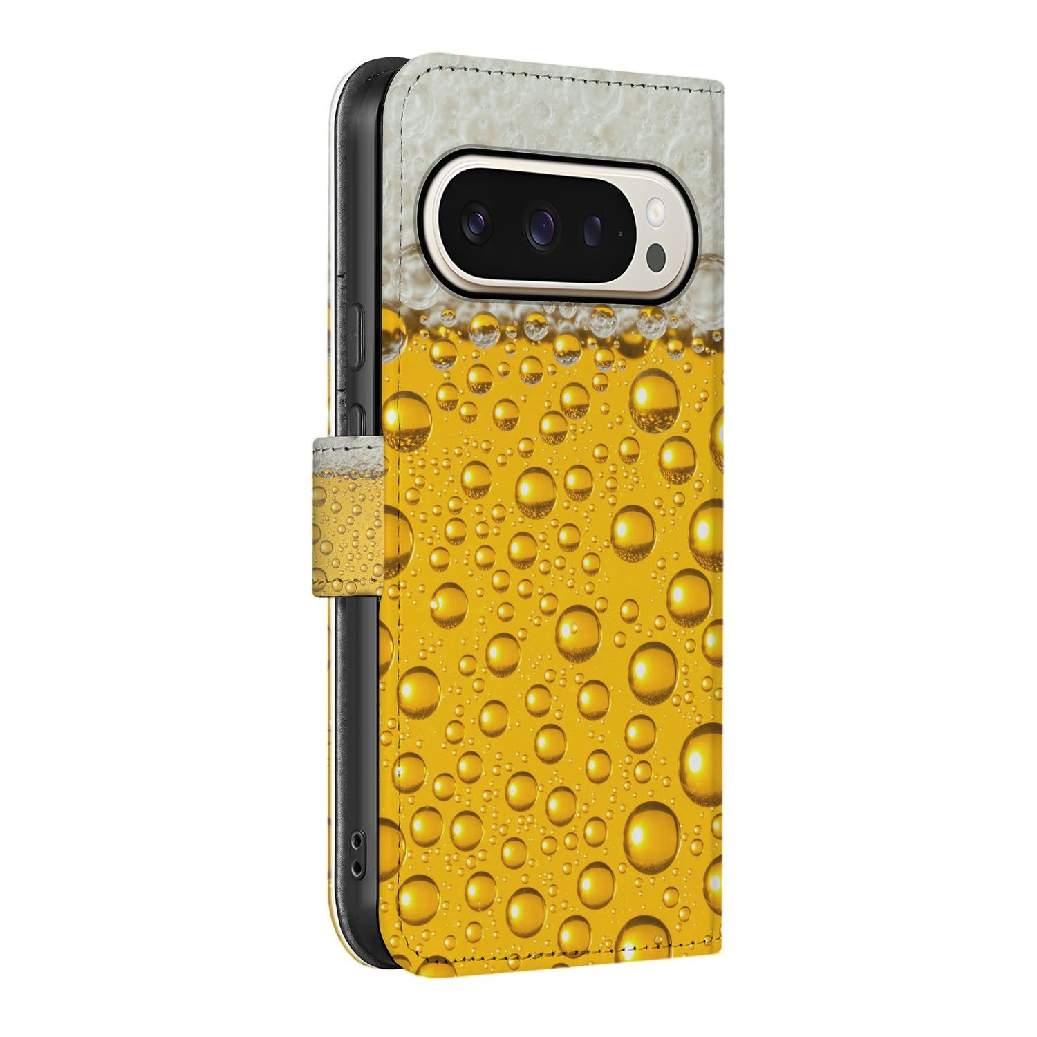 Google Pixel 10 Pro XL Book Case Met Bier Print Geel Schuim Design Aanzicht